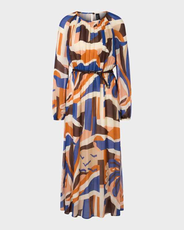 Belted Abstract-Print Midi Dress